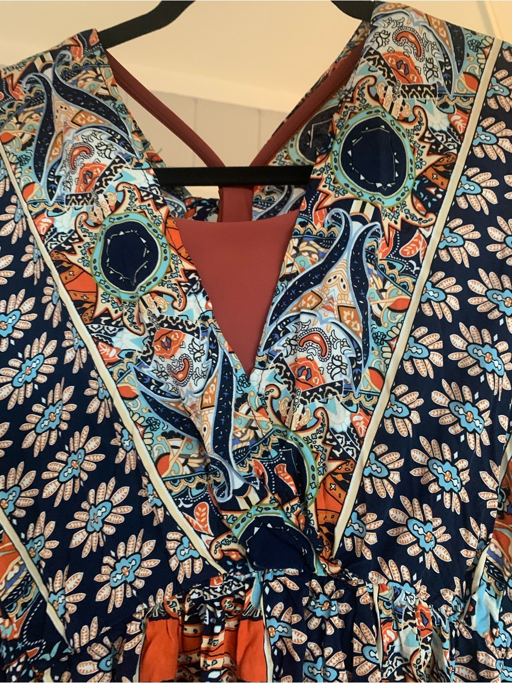 Boho Floral Paisley V-Neck Dress in Navy & Rust, woven fabric (non stretch)